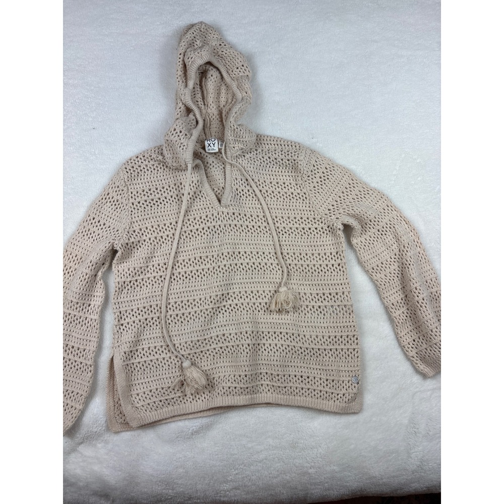 Roxy Womens Crochet Knit Hooded Sweater Beige Cream Tassel Boho Pullover Small